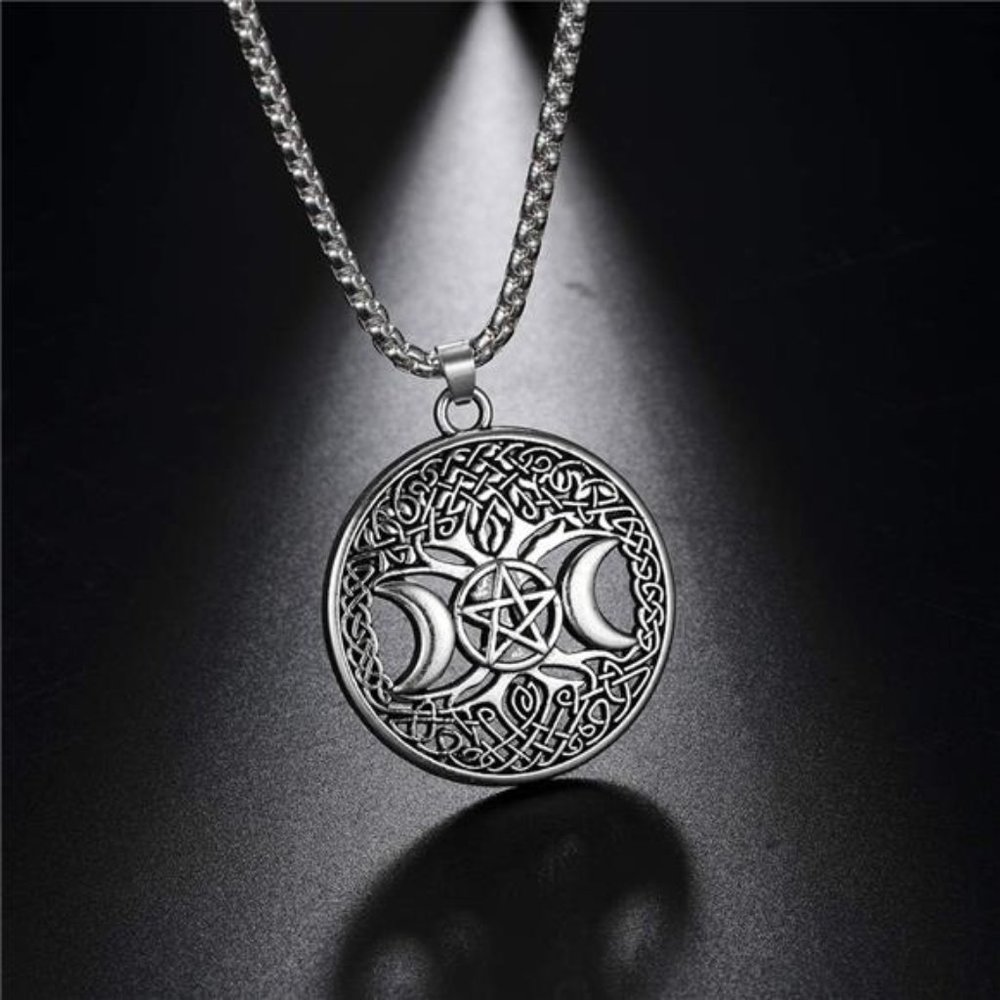 Triple Moon Goddess Pendant Tree of Life Necklace Pentacle Pentagram Wiccan - Picture 4 of 5